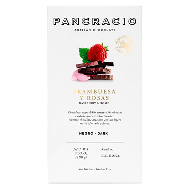 Pancracio tableta de chocolate con frambuesa, rosas y chocolate negro 64 % 100 g
