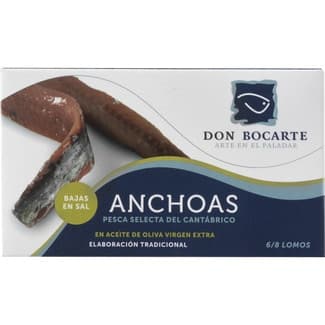 Filetes de anchoa del Cantábrico bajas en sal en aceite de oliva virgen extra lata 28 g - Don Bocarte
