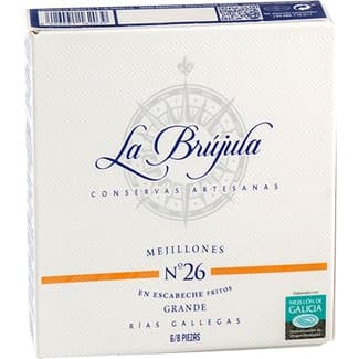 Mejillones en escabeche fritos grandes de las Rías Gallegas 6-8 piezas lata 75 g neto escurrido - La Brujula