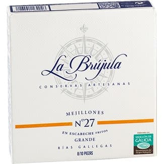 Mejillones en escabeche fritos grandes de las rías gallegas 8-10 piezas lata 75 g neto escurrido - La Brujula