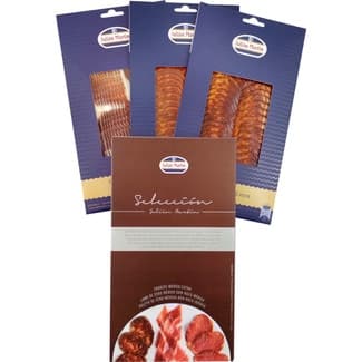 Estuche de loncheados ibéricos chorizo y paleta y lomo de cebo ibérico 50% raza ibérica en lonchas pack 3 x 100 g envase 300 g - Julian Martin