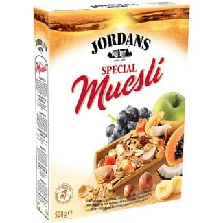 Muesli Special cereales de desayuno con 32% de frutas y frutos secos paquete 500 g - Jordans