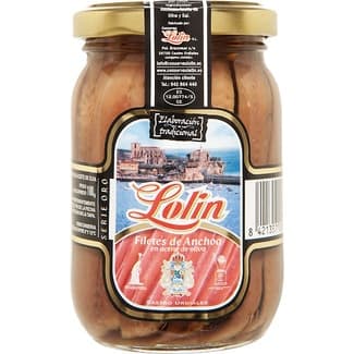 Filetes de anchoa en aceite de oliva frasco 100 g neto escurrido - Lolin