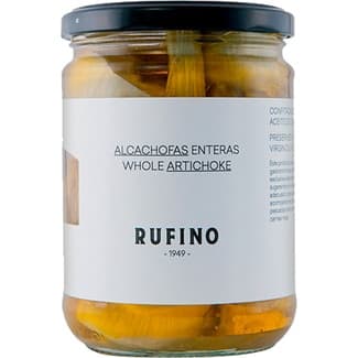 Alcachofas enteras confitadas en aceite de oliva virgen extra 6 frutos tarro 420 g - Rufino
