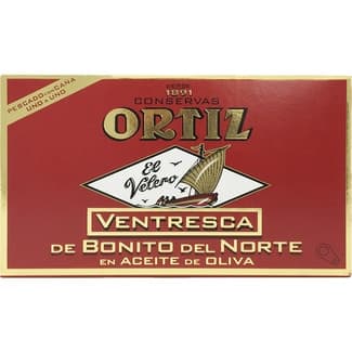 Ventresca de bonito del norte en aceite de oliva pescado a mano uno a uno lata 80 g neto escurrido - Ortiz