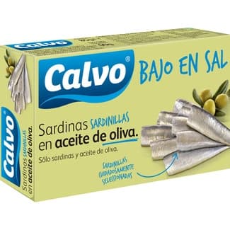 Sardinillas en aceite de oliva bajas en sal lata 60 g neto escurrido - Calvo