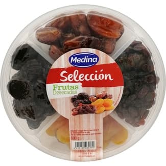 Selección 4 frutas variadas con uvas pasas, ciruelas, dátil sin hueso y albaricoque seco bandeja 600 g - Medina