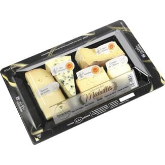 Tabla de surtido de quesos franceses Tomme des Brebis, Bleu d´auvergne DOP,Maroilles DOP, Saint Nectaire DOP, Crottin de cheure caja 370 g - Fromapac