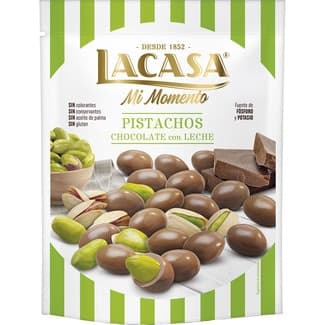 Mi Momento pistachos cubiertos de chocolate con leche sin gluten y sin aceite de palma bolsa 125 g - Lacasa