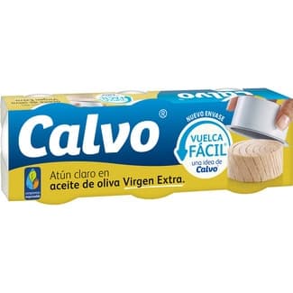 Atún claro en aceite de oliva virgen extra vuelca fácil pack 3 lata 52 g neto escurrido - Calvo