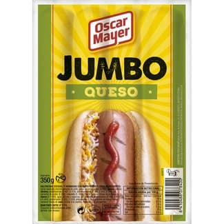 Jumbo salchichas cocidas y ahumadas de cerdo y pollo con queso fundido sin gluten 4 piezas envase 350 g - Oscar Mayer