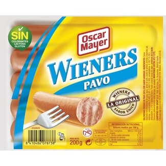 Wieners salchichas cocidas de pavo con sabor ahumado sin gluten sin lactosa 5 piezas envase 200 g - Oscar Mayer