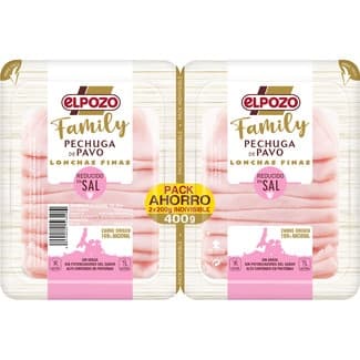 Family pechuga de pavo reducido en sal en lonchas finas pack 2 x 200 g envase 400 g sin gluten sin lactosa - Elpozo