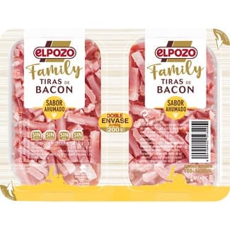 Family tiras de bacon sabor ahumado sin gluten sin lactosa pack 2 x 100 g envase 200 g - Elpozo