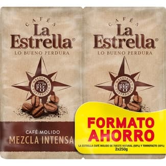 Café molido mezcla intensa 50% natural 50% torrefacto formato ahorro 2x250g 500 g - La Estrella