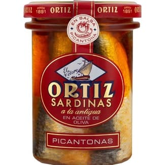 Sardinas a la antigua en aceite de oliva picantonas frasco 140 g neto escurrido - Ortiz