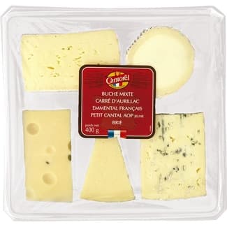 Tabla de quesos franceses emmental, bûche mi chêvre, carré d´aurillac, brique de brie y petit cantal DOP Auvernia envase 400 g - Cantorel