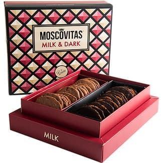 Pastas de fina masa de almendra y nata con cobertura de chocolate y chocolate negro estuche 320 g - Moscovitas De Rialto