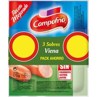 Salchichas Viena cocidas de cerdo, pollo y pavo con sabor ahumado pack 3 x 170 g envase 510 g sin gluten sin lactosa - Campofrio