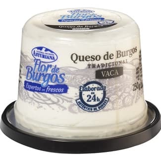Queso fresco de Burgos tradicional de vaca elaborado con leche pasteurizada tarrina 250 g - Asturiana Flor De Burgos