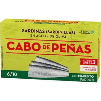 Sardinillas en aceite oliva con pimiento de padrón lata 60 g neto escurrido - Cabo De Peñas