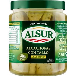 Alcachofas con tallo a la romana 10-14 piezas frasco 190 g neto escurrido - Alsur