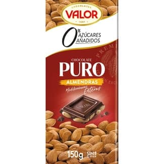Chocolate puro con almendras mediterráneas  enteras 0% azúcares añadidos y sin gluten tableta 150 g - Valor