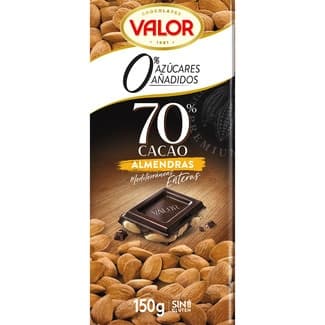 Chocolate negro 70% con almendras mediterráneas enteras 0% azúcares añadidos y sin gluten tableta 150 g - Valor