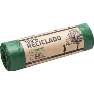 Bolsas de basura verdes 100% reciclado para cubo normal 30 litros rollo 15 unidades - Relevo