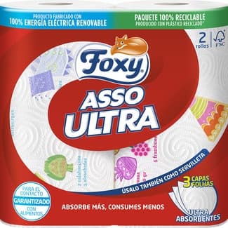 Papel de cocina Asso Ultra 3 capas ultra absorbente paquete 2 rollos - Foxy
