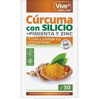 Cúrcuma con silicio, pimienta y zinc cuida y protege las articulaciones envase 30 cápsulas sin gluten y sin lactosa - Vive+