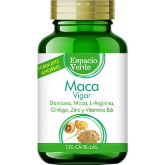 Maca Vigor con damiana, L-arginina, ginkgo, zinc y vitamina B6 bote 120 cápsulas - Espacio Verde