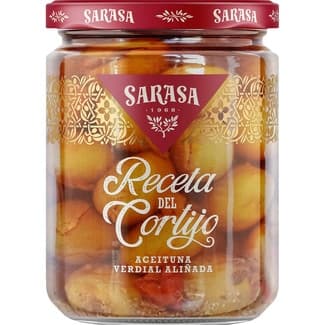 Aceitunas verdial con hueso, ajos y pimientos rojos aliñados La receta del Cortijo frasco 240 g neto escurrido - Sarasa