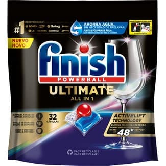 Detergente lavavajillas Powerball Ultimate All in 1 con tegnología Activelift bolsa 32 cápsulas - Finish