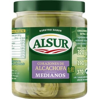Corazones de alcachofa medianos 8-10 frutos frasco 190 g neto escurrido - Alsur