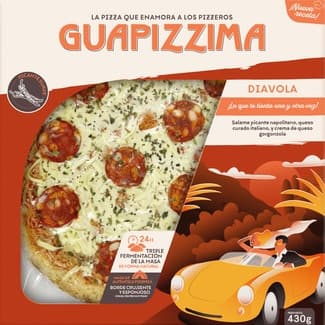 Pizza diavola salami picante, queso curado italiano y crema de queso gorgonzola envase 400 g triple fermentación - Guapizzima