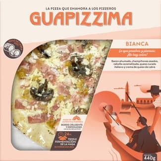 Pizza bianca bacon ahumado, champiñones asados, cebolla caramelizada, queso curado italiano y crema de queso de cabra triple fermentación envase 440 g - Guapizzima
