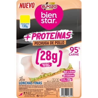 Bienstar + Proteínas pechuga de pollo bajo en grasa sin azúcares en lonchas finas envase 130 g sin gluten sin lactosa - Elpozo
