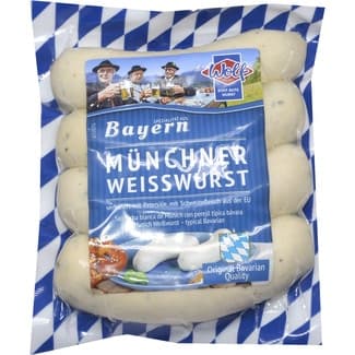 Salchichas Weisswurst cocidas de cerdo blancas en tripa natural con perejil 4 piezas envase 240 g sin gluten sin lactosa - Wolf