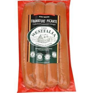 Salchichas Frankfurt picantes cocidas y ahumadas de cerdo sin tripa natural 4 piezas envase 270 g sin gluten sin lactosa - Casa Westfalia