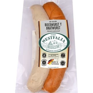 Salchichas dúo Bratwurst y Bockwurst cocidas y ahumadas de cerdo en tripa natural 2 piezas envase 180 g sin gluten sin lactosa - Casa Westfalia