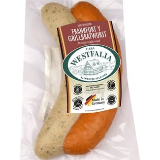 Salchichas dúo Frankfurt y Grillbratwurst cocidas y ahumadas con tripa natural 2 piezas envase 180 g sin gluten sin lactosa - Casa Westfalia