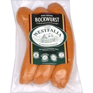 Salchichas Bockwurst cocidas y ahumadas de cerdo en tripa natural 3 piezas envase 270 g sin gluten sin lactosa - Casa Westfalia