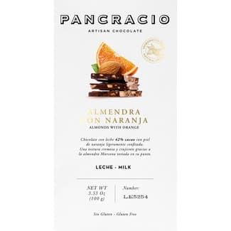 Chocolate con leche, almendras y naranja confitada sin gluten tableta 100 g - Pancracio