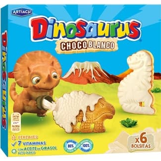 Galletas con chocolate blanco 6 bolsitas estuche 264 g - Artiach Dinosaurus