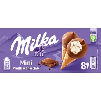 Mini conos de helado de vainilla y chocolate 8 unidades estuche 200 ml - Milka