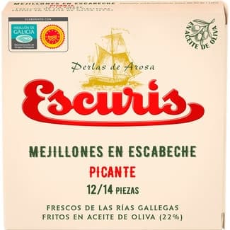 Mejillones en escabeche picante DOP de las rías gallegas 12-14 piezas lata 69 g neto escurrido - Escuris