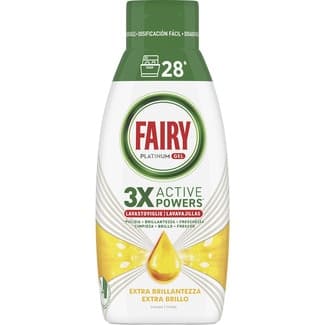 Platinum gel 3x Active Powers detergente lavavajillas concentrado Extra Brillo limón botella 28 dosis - Fairy