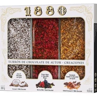 Turrón de chocolate de autor pack 3 variedades pack 3x100g estuche 300 g (Coco-chocolate, frutos rojos y chocolate negro, caramelo salado y chocolate) - 1880