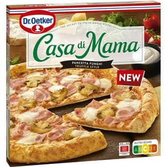 Pizza con tocino, champiñones y queso, con sabor trufa  Pancetta Funghi estuche 407 g - Dr.oetker Casa Di Mama